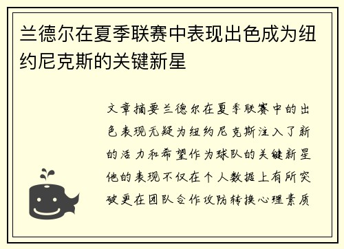 兰德尔在夏季联赛中表现出色成为纽约尼克斯的关键新星